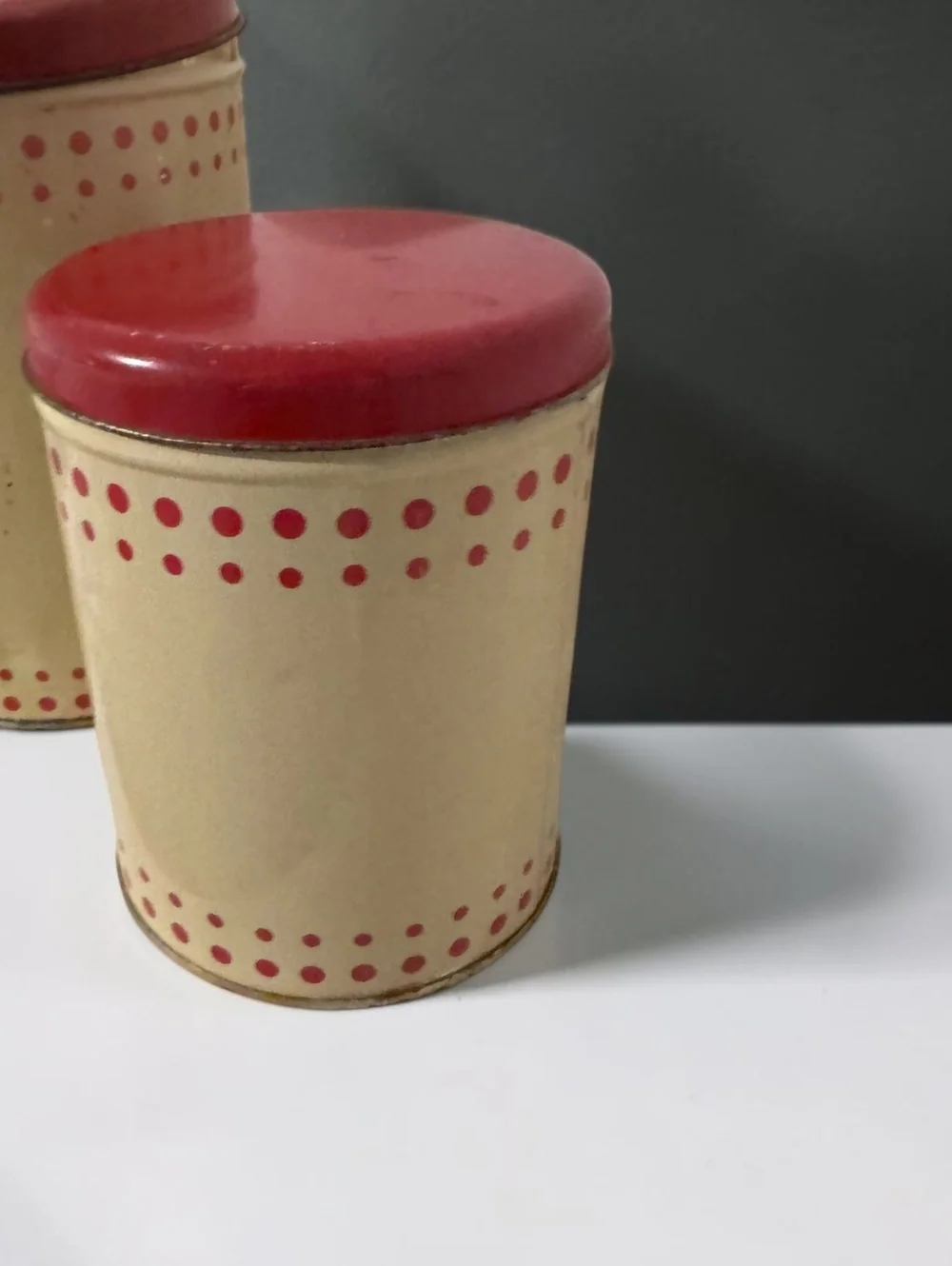 Vintage 1950s Tin Canister Set of 2 Cream Red Polka Dot Nesting Kitchen